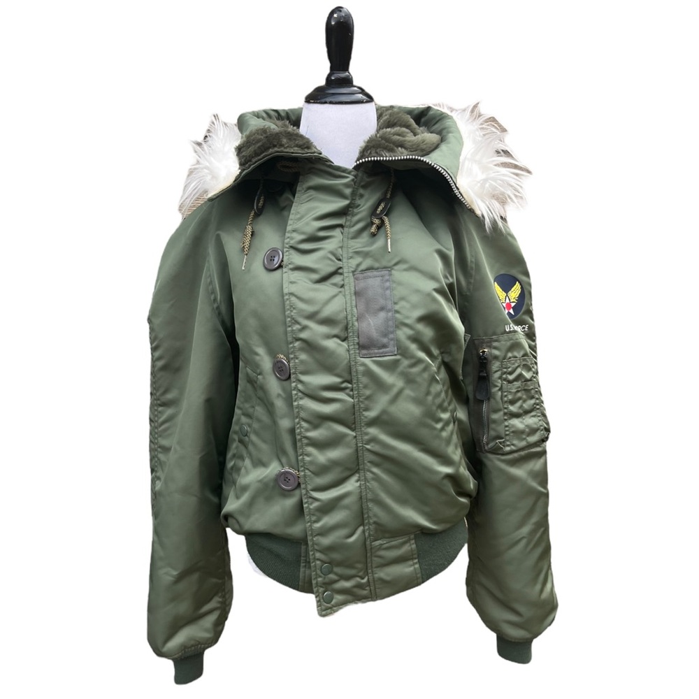 Vintage USAF US Airforce Made in USA Green N-2A Faux Fur Hooded Bomber Jacket M